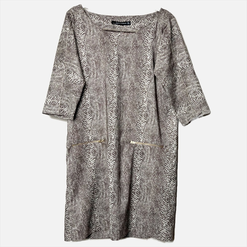Zara Woman reptile print mini‎ shift dress snake natural neutral sleeves fall